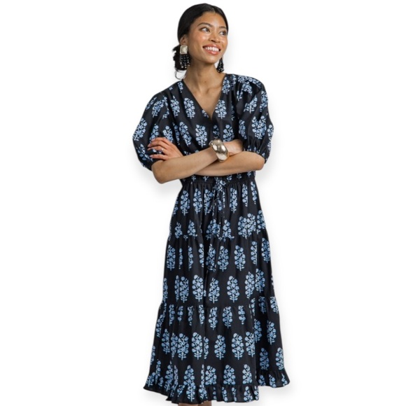 Pinch Dresses & Skirts - Pinch 100% Cotton Elegant Black Maxi Dress With Blue Stem and Puffy Sleeves